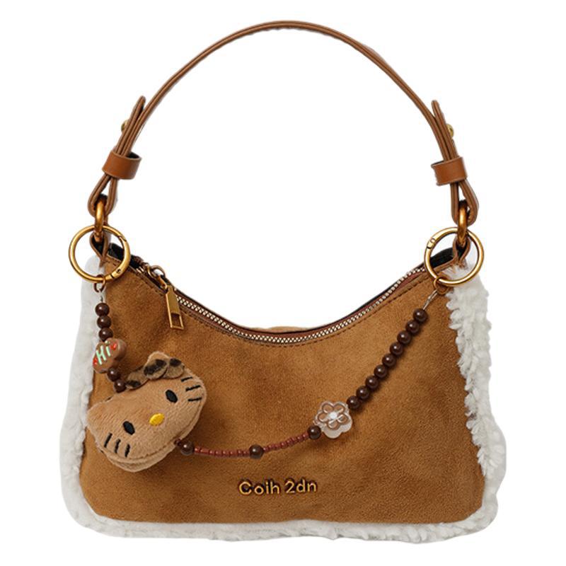 2025 new niche design women's bag fur trim splicing leather shoulder handbag underarm bag fur bag women