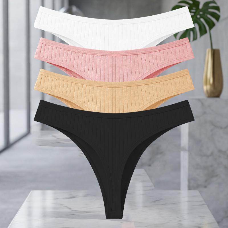 FINETOO 4Pcs/Set Cotton Ribbed Thongs For Women Seamless Solid Color High Quality Underwear Ladies Cozy Breathable Sexy G-String