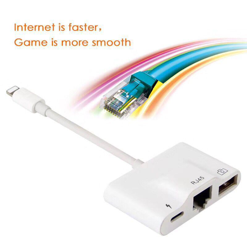 For iPhone/iPad Lightning To RJ45 Ethernet LAN 10/100Mbps Network Ethernet Adapter with Lightning 8Pin+USB Female Port