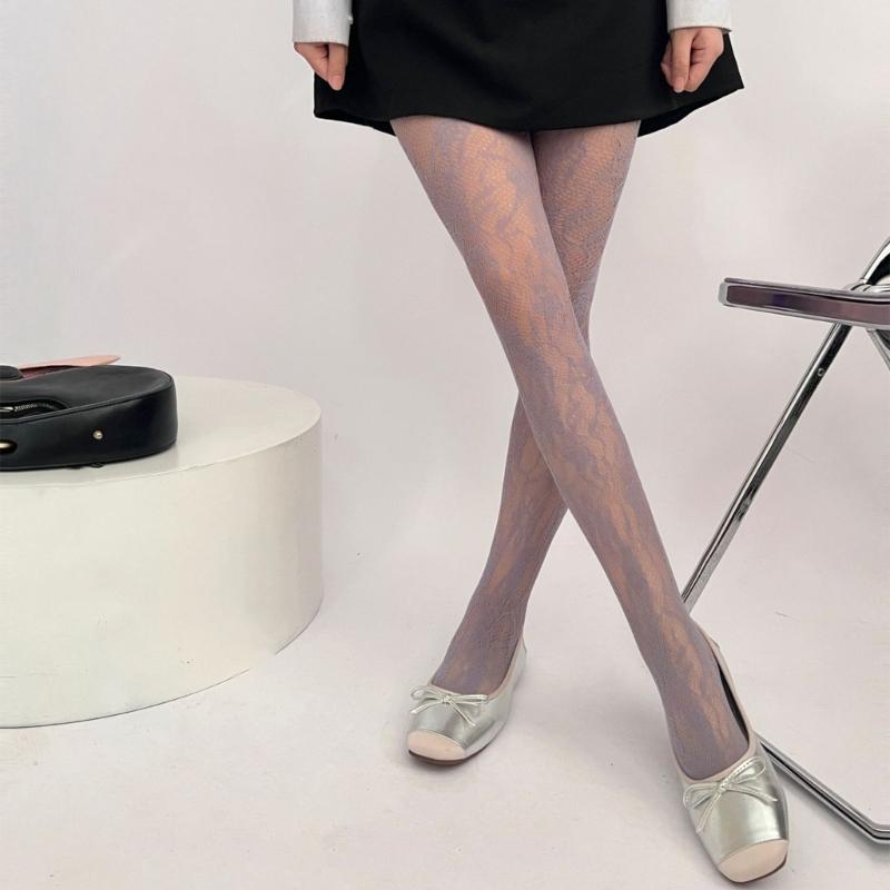 Women Sunflower Jacquard Pattern Fishnet Tights Stockings Sexy Hollowed Sheer Mesh Lace Solid Colored Pantyhose Leggings