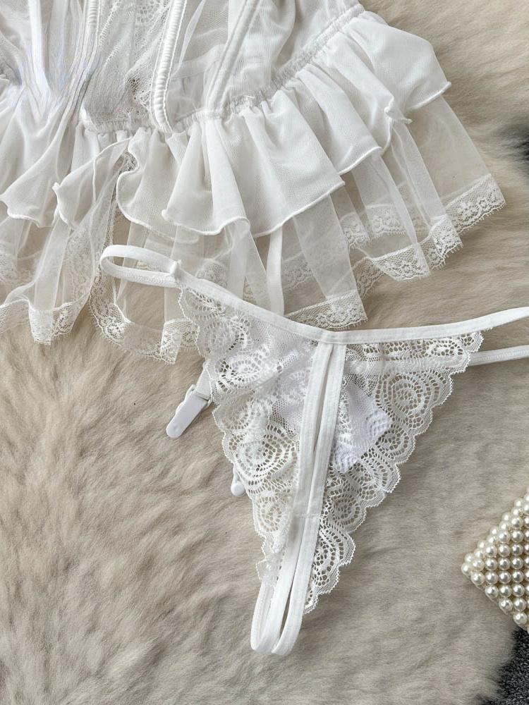 Summer Lace Sexy Underwear Suits Women Ruffles Sheer Camis Mesh Sensual Dress Suits Female Solid Erotic Open Crotch Slim Pajamas 2024