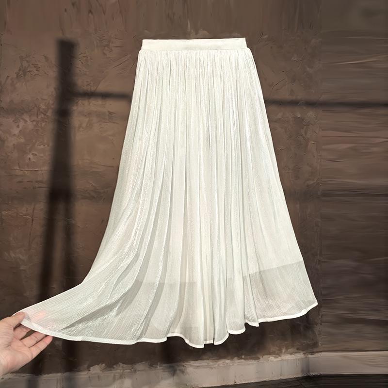 Champagne High Waist Seamless A-Line Gauze Skirt for Women - Versatile Mid-Length for Spring, Summer, and Autumn.