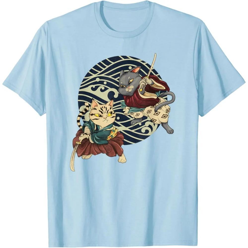 Ninja Cat Kawaii Tattoo Japanese Graphic T-Shirt Summer Men 100% Cotton Casual Oversized Loose Breathable T Shirts