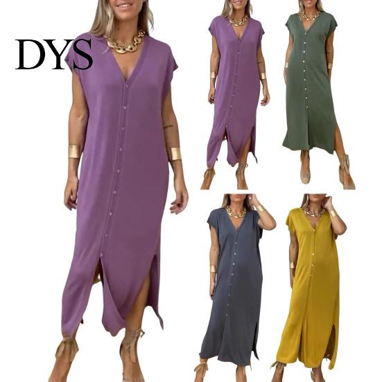 Loose Fit Solid Color Dress Womens Summer Casual Short Sleeve Midi V-neck Comfortable Lightweight Button Down Shirt for Daily Life Dating Work