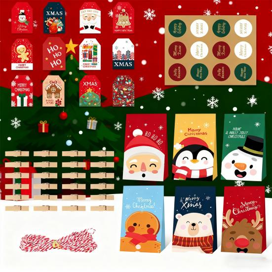 24Pcs/Set Christmas Gift Bag Santa Claus Snowman Deer Pattern Paper Treat Boxes Candy Packaging Festive Goodie Bags Decoration