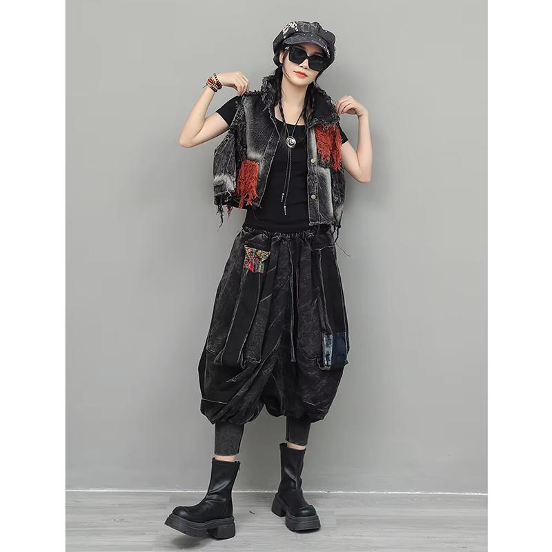 XITAO Personalized Trendy Vintage Denim Sets Short Vest Small Leg Lantern Pants GJ1215