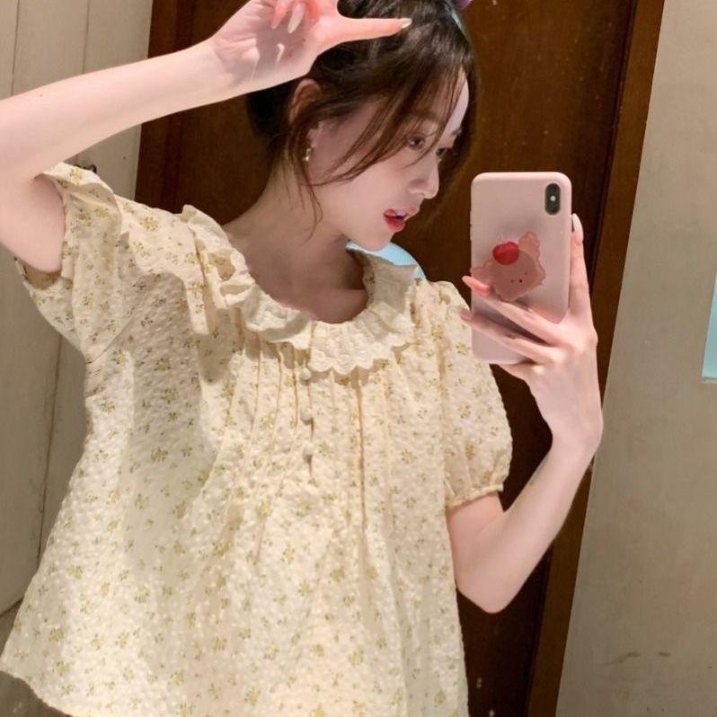 Korean Fresh Style Versatile Floral Ruffled Peter Pan Collar Blouse Women's Summer Ruched Chiffon Baby Doll Top