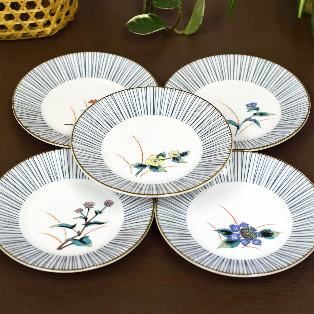Waza no Kura Plate Set: Stylish Kutani Ware Medium Plates (5-Piece Set) with Five Flowers Design. High-Quality Japanese Dinnerware. Made in Japan. A P