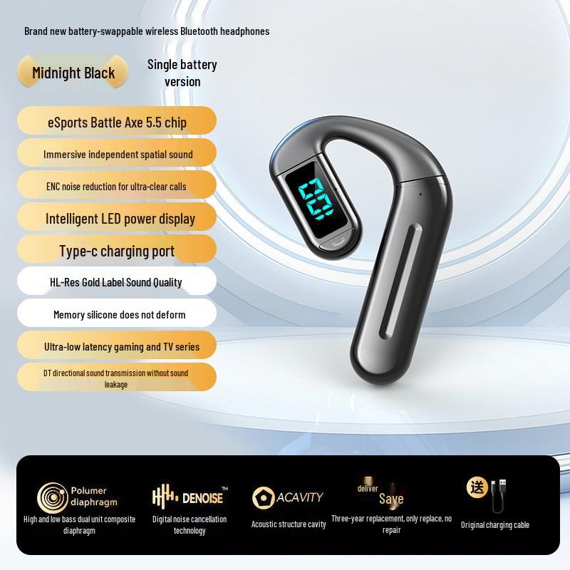 2026 Bluetooth Single Ear Wireless Earphone with Long Battery Life, Comfortable Over-Ear, Bone Conduction for Driving