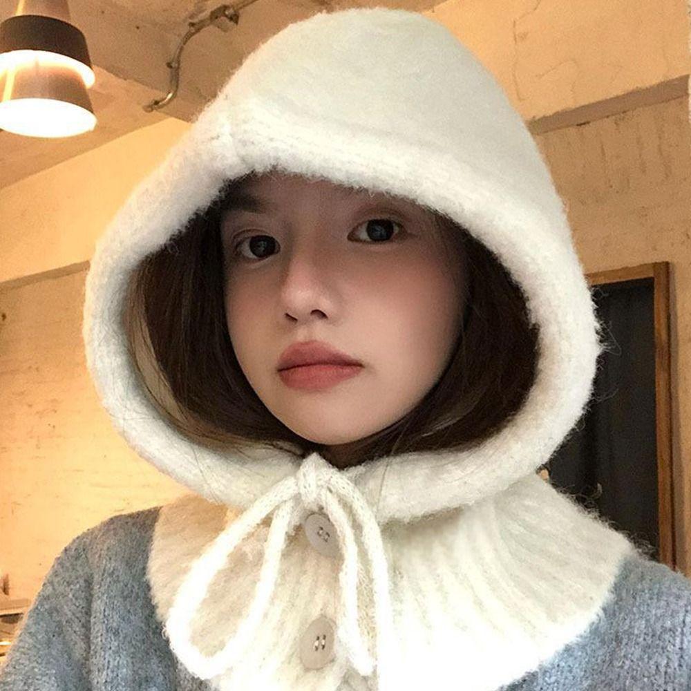 Solid Color Women  Balaclava Hat and Scarf Integrated Windproof Cap Knitted Pullover Hat  Outdoor