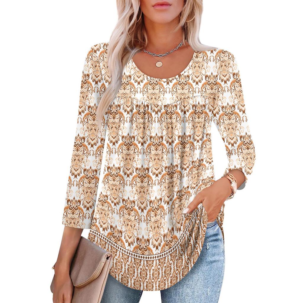 Women's Fashion Seven Sleeve Top Round Neck Pleated Casual Printed Top