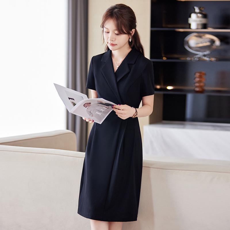 Premium Black Suit Dress for Women - Spring/Autumn Professional Goddess Style Salon Workwear