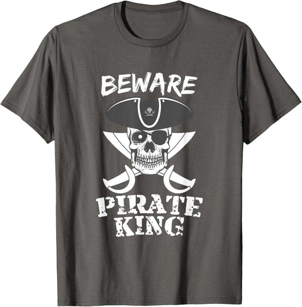 Beware Pirate King Skull and Crossed Swords Graphic Tee Casual Cotton Short Sleeve TShirt