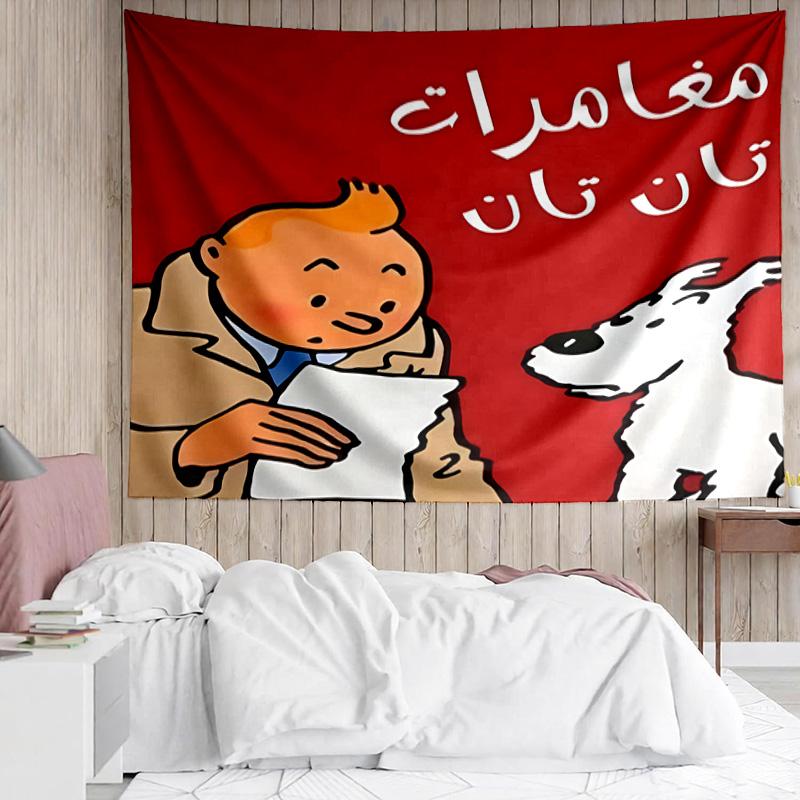 1pz Arazzo Asciugatura Rapida Città dell'Avventura di Tintin, Arazzo dal Design Unico, Adatto per Camera da Letto, Soggiorno, Sala Giochi, Caldi Regali di Festa