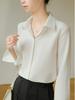 Women's Ash Blue Satin Long Sleeve Shirt - Retro Hong Kong Style, Spring Commute, Concealed Placket, Versatile Drapey Blouse