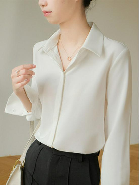 Women's Ash Blue Satin Long Sleeve Shirt - Retro Hong Kong Style, Spring Commute, Concealed Placket, Versatile Drapey Blouse