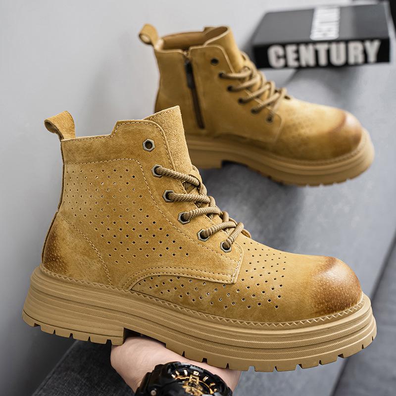 Autumn and Winter Men's High-top Thick-soled Tooling Short Boots Leather Surface Punching Breathable Big Yellow Boots Live Broadcast Outdoor Martin B