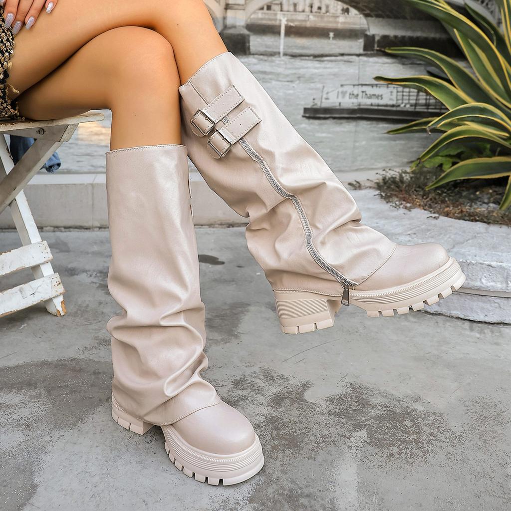 Thick-bottomed pleated belt buckle trouser boots winter round head large size British style tall knight boots women