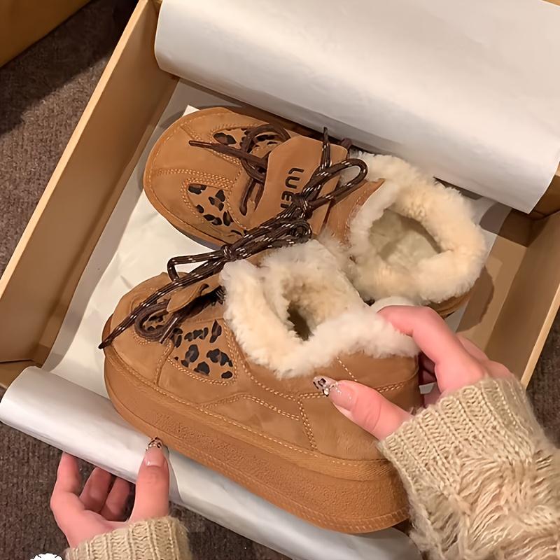 2025 Plush German Training Shoes Women's Winter Platform Round-toe Casual Board Shoes Leopard Print Snow Boots