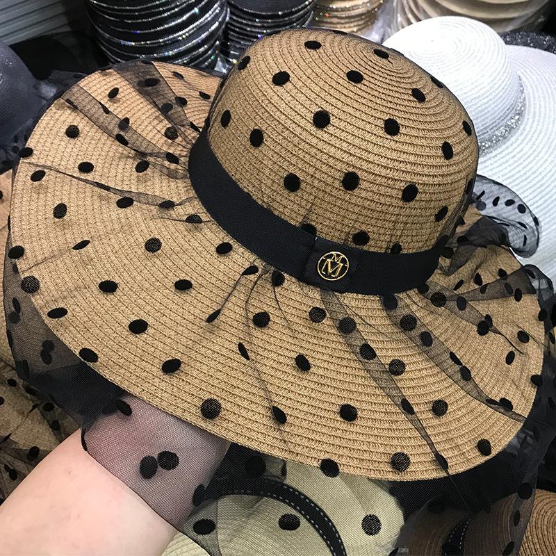 Celebrity style temperament polka dot mesh M straw hat children summer vacation beach hat personalized big brim sun hat cool hat
