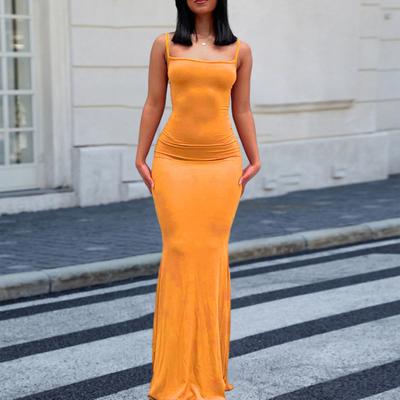 Women Sling Dress Sleeveless Square Collar Slim Fit Floor Length Dress Solid Color Office Party Wedding Sexy Dress