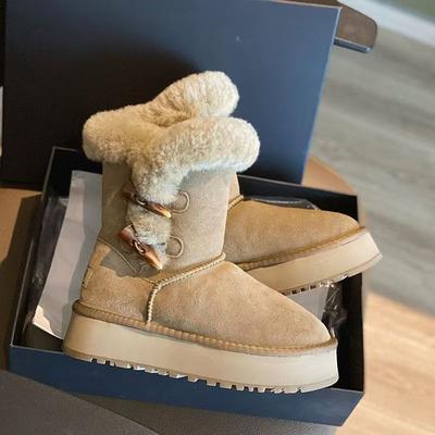 Women's Fur Integrated Thick Bottom Heightening Winter Lightweight Warm Snow Boots Non-slip Wear-resistant Casual Sports Cow Horn Buckle Cotton Boots