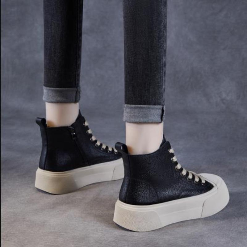 Fashion 5CM 2024 Spring Autumn Chunky Platform Ankle Boots Women Genuine Leather Lace-Up Zipper High Top Thick Sole Casual Board Shoes