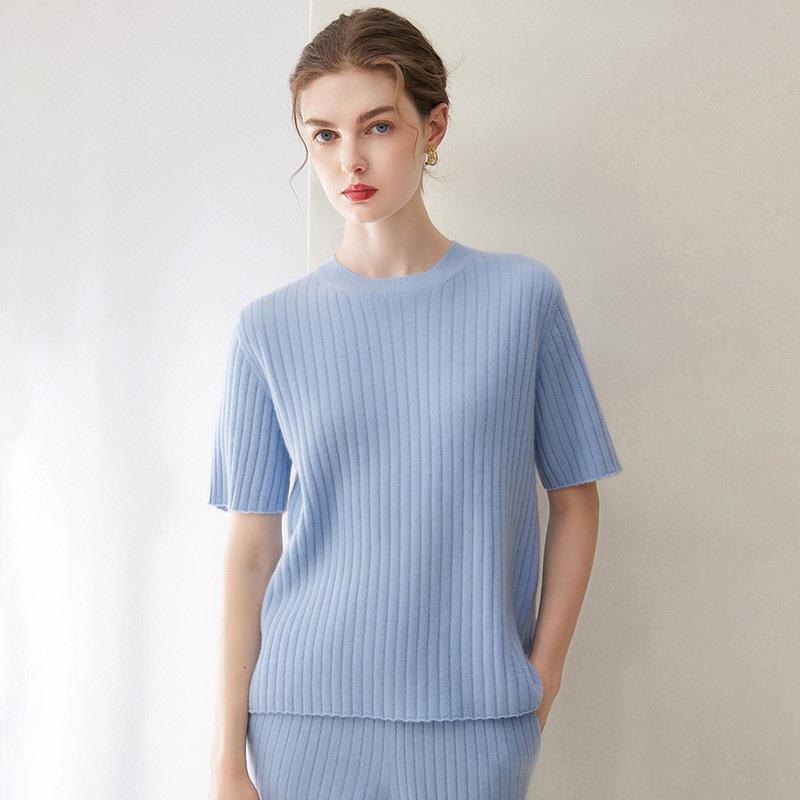 100% Pure Cashmere Round Neck Knit Short Sleeve Sweater