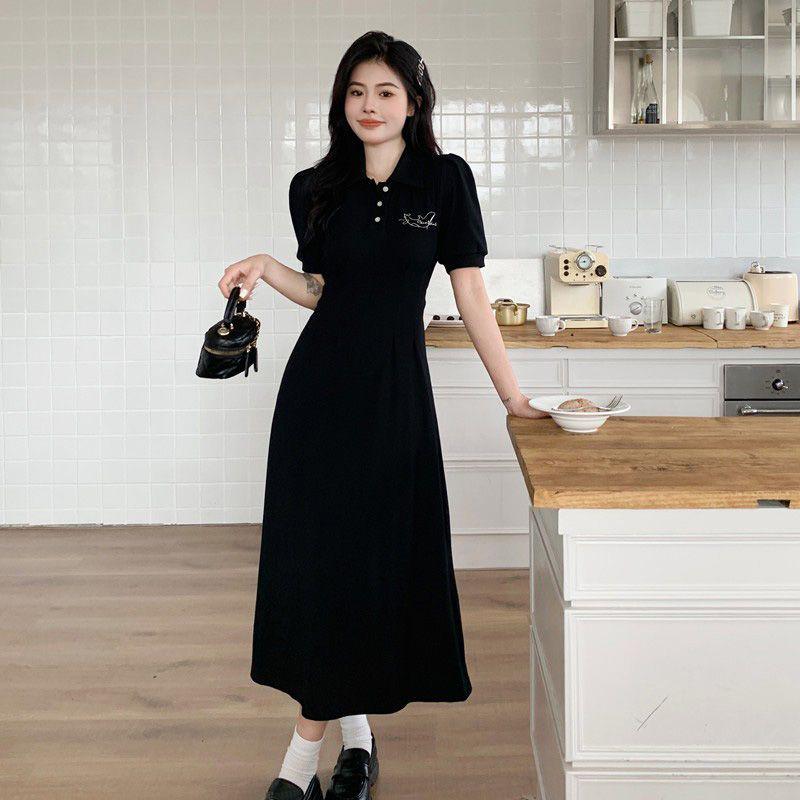 Plus Size Short Sleeve Backless Bow Polo Collar Dress - New Summer 2026 Slimming Waist Little Black Dress for Women