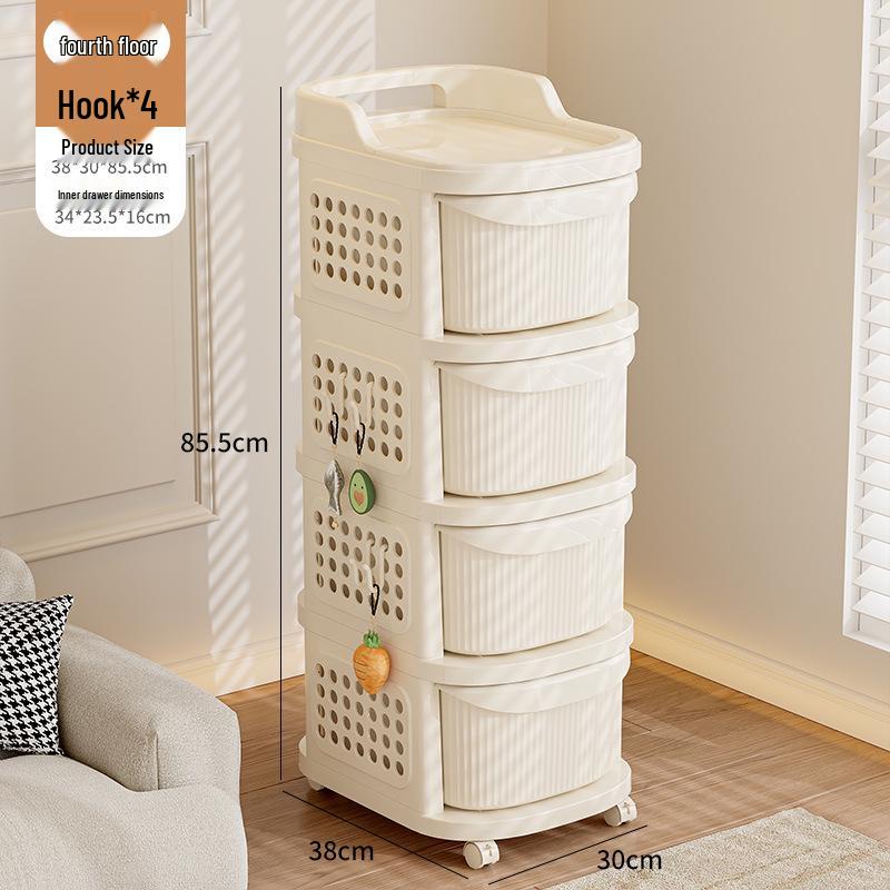 Compact Cream Baby Toy and Snack Storage Rack: Floor-Standing, Movable Cabinet for Baby Gear