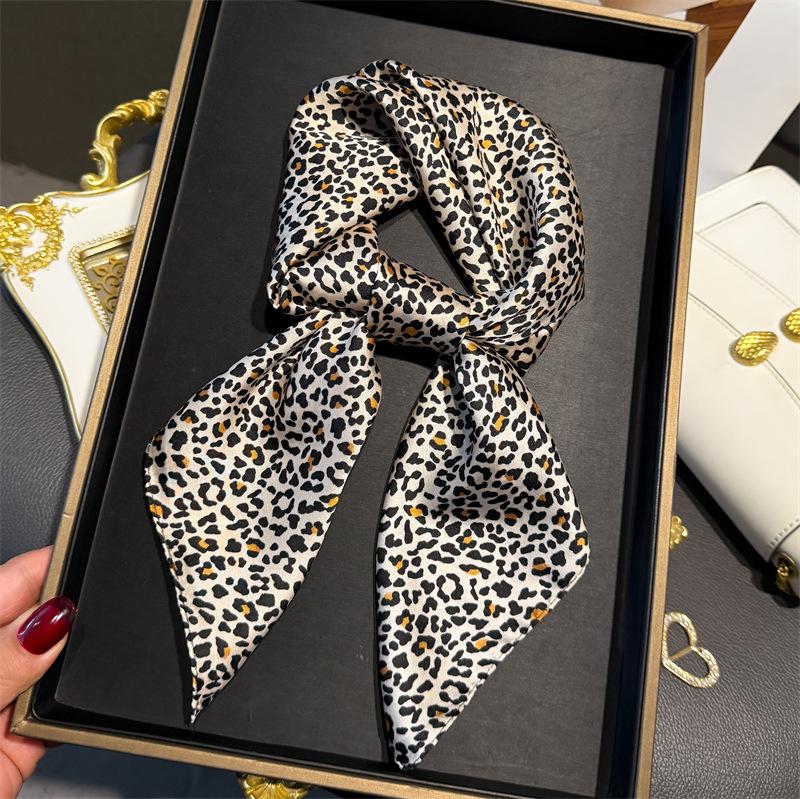 Luxury Satin Leopard Print Hair Scarf Women Kerchief Neck Tie Hand Wrist Foulard Shawl Wraps Head Hijab Bandana Echarpe