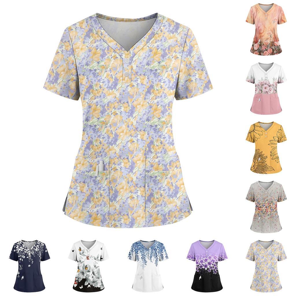 Dames Løs Kortarmet Mote Blomster- og Plante trykk V-hals Kneppbar Sideslisse Topp T-skjorte