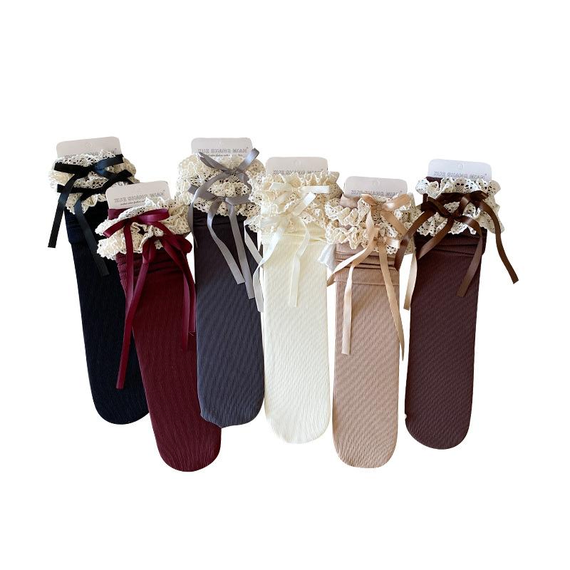 Lace Lolita Calf Socks with Bow Pressure, Long Calf Style, Paired with Boots for Slimming, Ballet Style Reaching The Knees