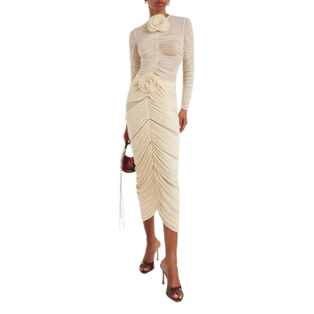 Spring/Summer 2024 French Ruched Bodycon Midi Dress with 3D Flowers