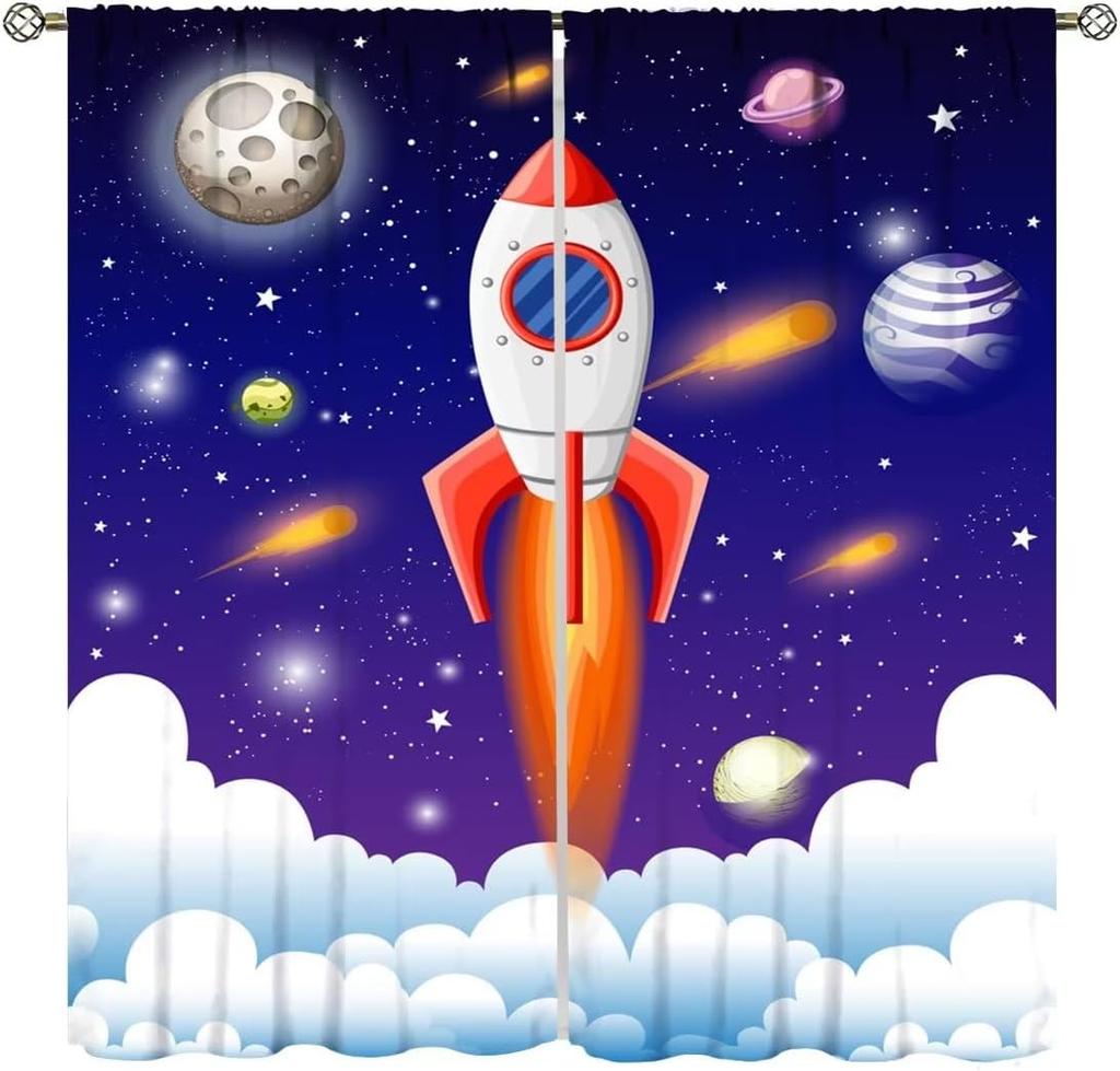 Kids Outer Space Rocket Curtains Cartoon Universe Galaxy Starry Sky Cosmos Boys Girls Study Room Bedroom Curtain For Master Made Of Polyester