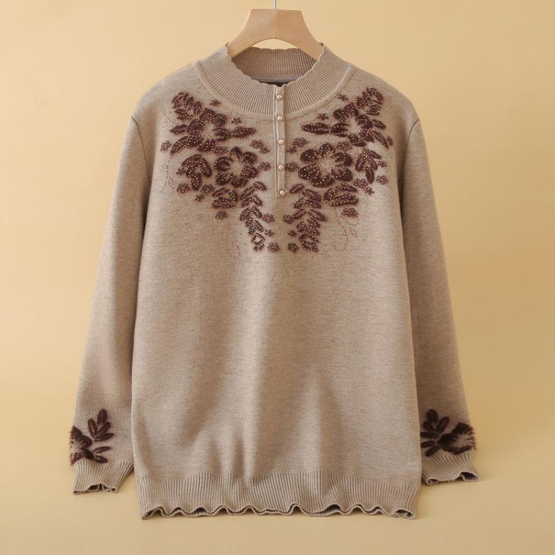 Middle-aged and old fleece mother sweater thickened women's knitted sweater integrated fleece warm backing top mother-in-law clothes