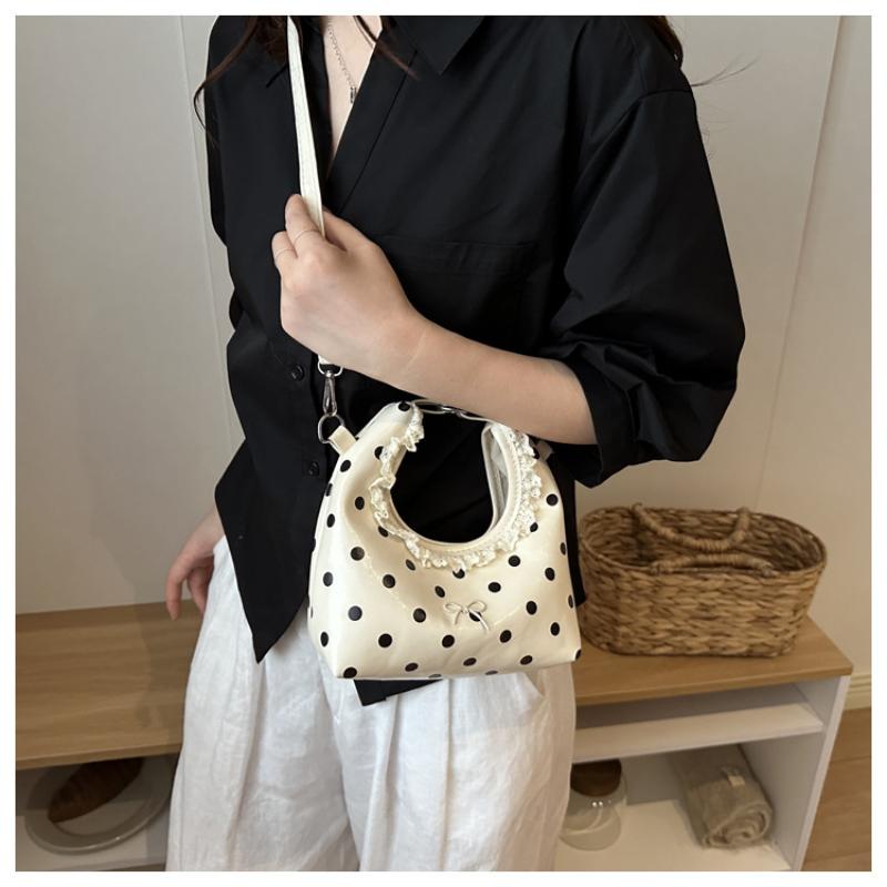 Polka Dot PU Leather Bag with Detachable Strap Lace Ruffled Handle Cute Bow Casual Purse for Daily Use