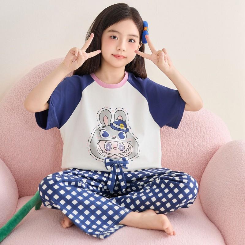 Girls Cotton Pajama Set Short Sleeve Long Pants Cartoon Print Sleepwear Kids Ages 4-12