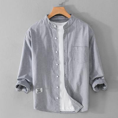 Camisas de Verano para Hombre Corte Ajustado Cuello Alto Oxfords Algodón Puro Manga Tres Cuartos Camisa Tops Casuales Diarios Estilo Simple Coreano Ropa para Hombre