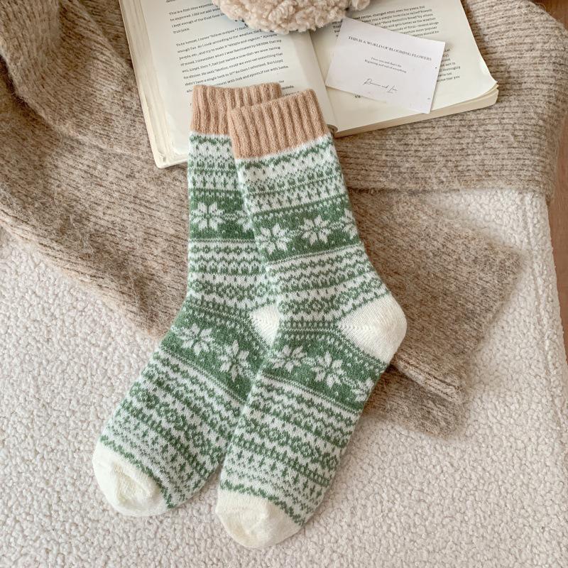 Calcetines de Lana Gruesa con Forro de Forro Polar para Mujer - Diseño de Copo de Nieve Fair Isle