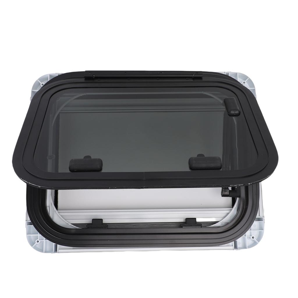 16x12in RV Window Black Tempered Glass Sunproof Motorhome Exit Window with Support Rod and Screen for Trailer Van Truck