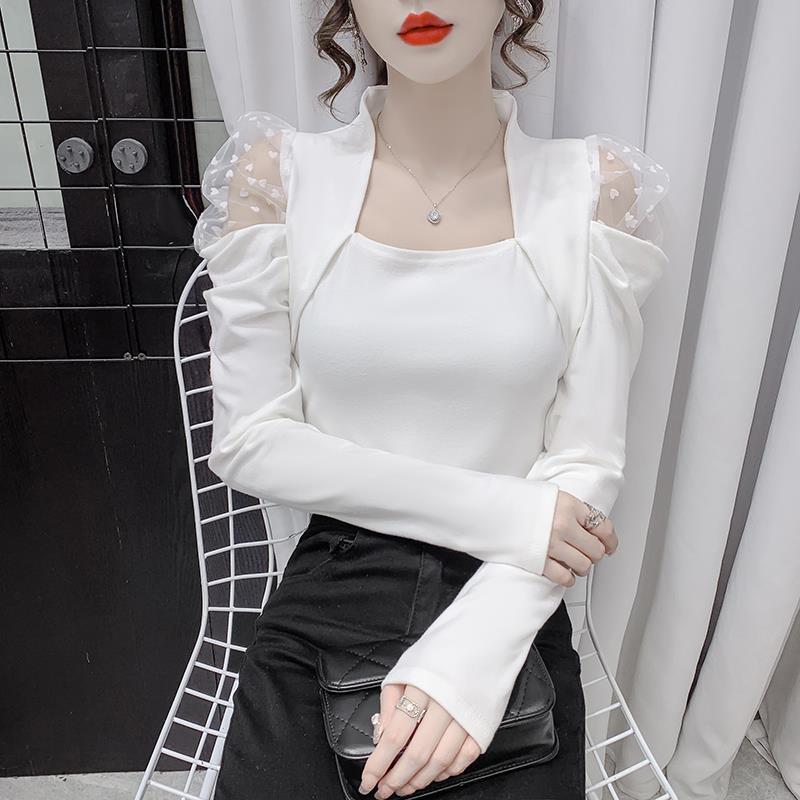 Square Neck Mesh Patchwork T-shirt Women's Fashionable Spring and Autumn Style Bottom Shirt Top