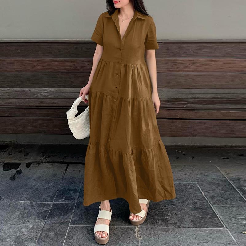 

ZANZEA Женское повседневное летнее платье с отложным воротником и короткими рукавами 3XL коричневый