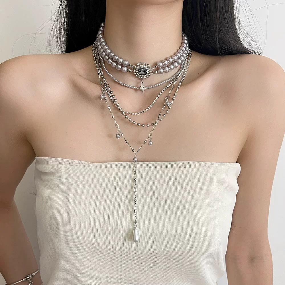 Graue Perle Mehrschichtige Fransenkette, Weibliche Nische High-End Diamantenbesetzte Wassertropfen Gestapelte Pulloverkette