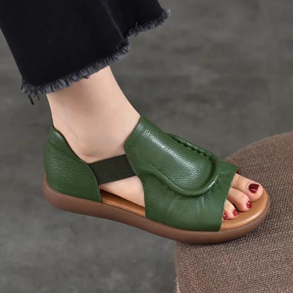 Johnature Simple Versatile Flat Sandals Genuine Leather Cowhide Hollowed Out Peep Toed Women's Shoes