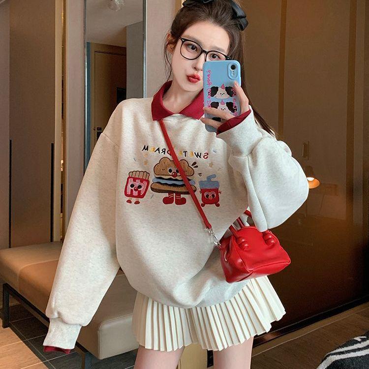 Women s College-Style Color-Block Cartoon Polo Sweatshirt for Spring and Autumn 2025 - Stylish Youthful Petite Fit Large 1290₽