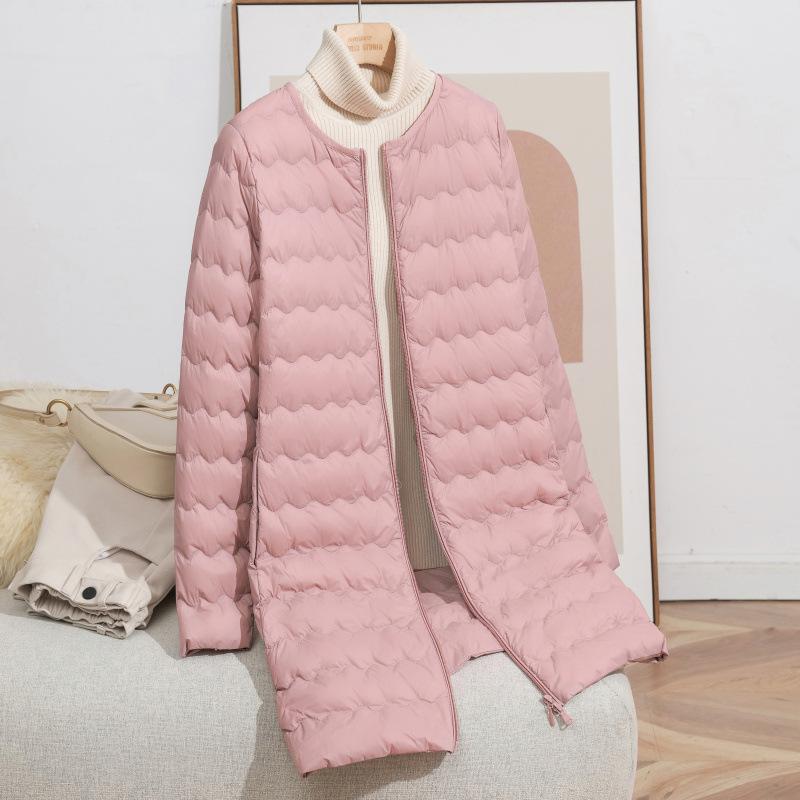 Toamnă și iarnă nouă modă gât rotund ondulat mediu și lung jachetă ușoară din puf pentru femei cu fermoar jachetă caldă val