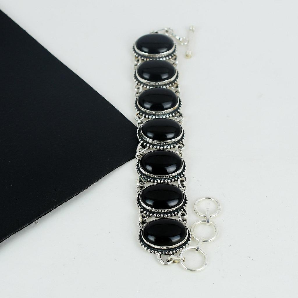 Dainy Svart Onyks Edelstein Håndlaget 925 Sterlingsølv Armbånd, Svart Onyks Armbånd Til Kone, Unisex Armbånd, Bryllupsgave