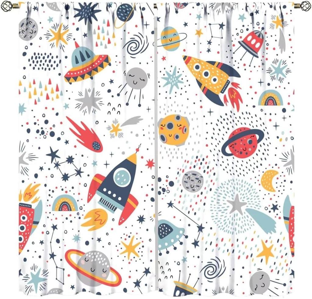Kids Outer Space Rocket Curtains Cartoon Universe Galaxy Starry Sky Cosmos Boys Girls Study Room Bedroom Curtain For Master Made Of Polyester