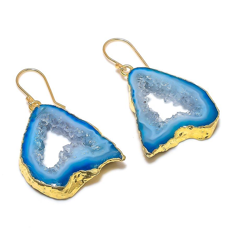 

Blue Druzy Slice Gemstone Handmade 925 Sterling Silver Earring 2.05 KJ-1025